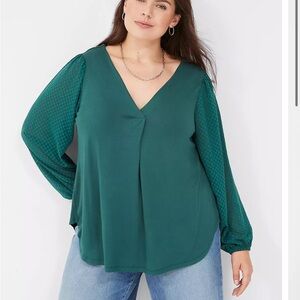 Lane Bryant Woven-Sleeve V-Neck Knit Top woman’s plus size 18/20 green